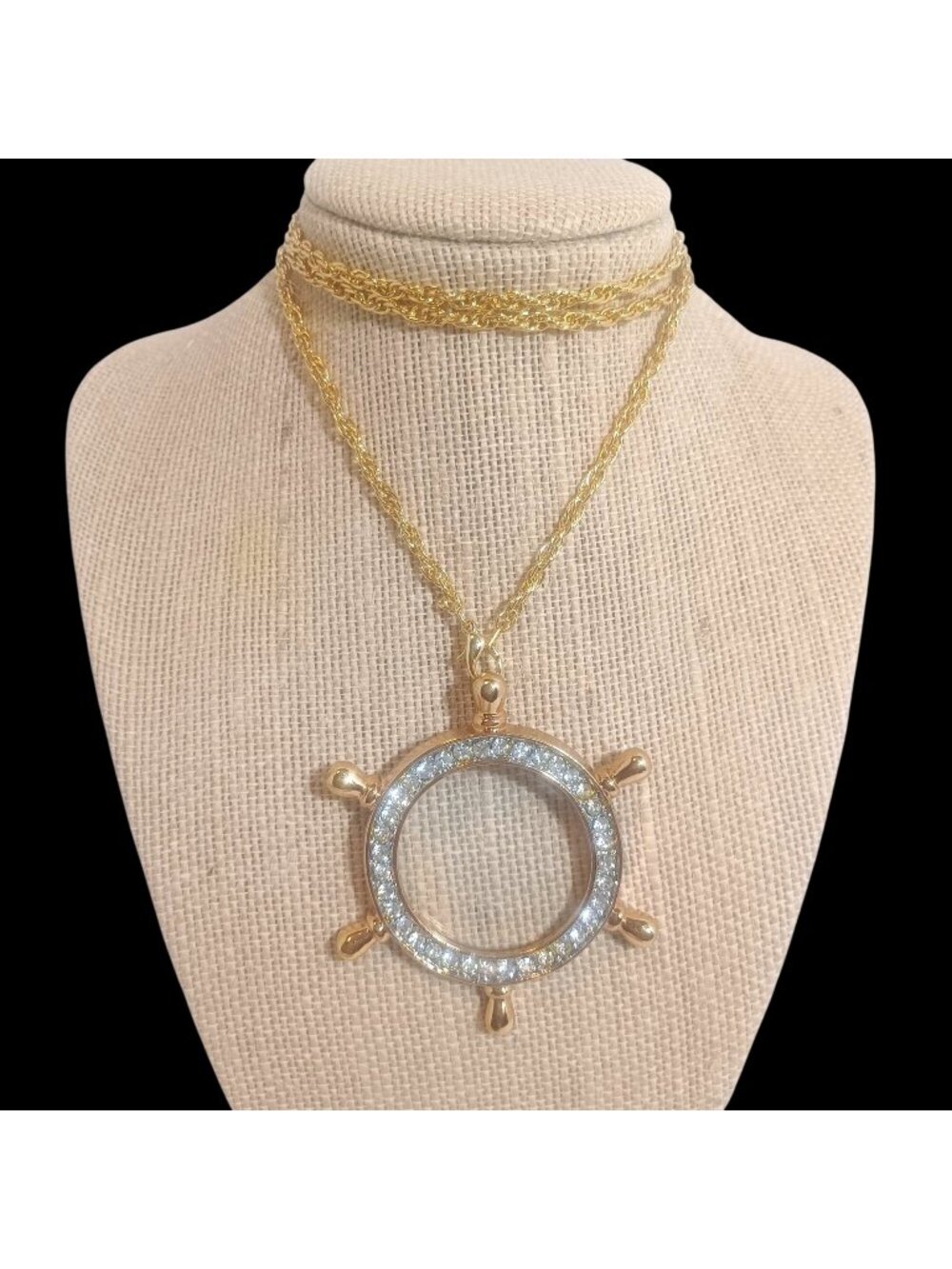 Vintage Ship Steering Wheel Pendant Necklace with Rhinestones Magnifying glass